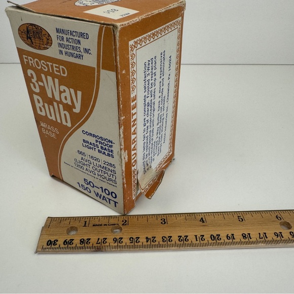 Vtg Untested Action Brand 1974 Frosted 3 Way Bulb Brass Base w Box Prop Movie TV - Picture 5 of 15